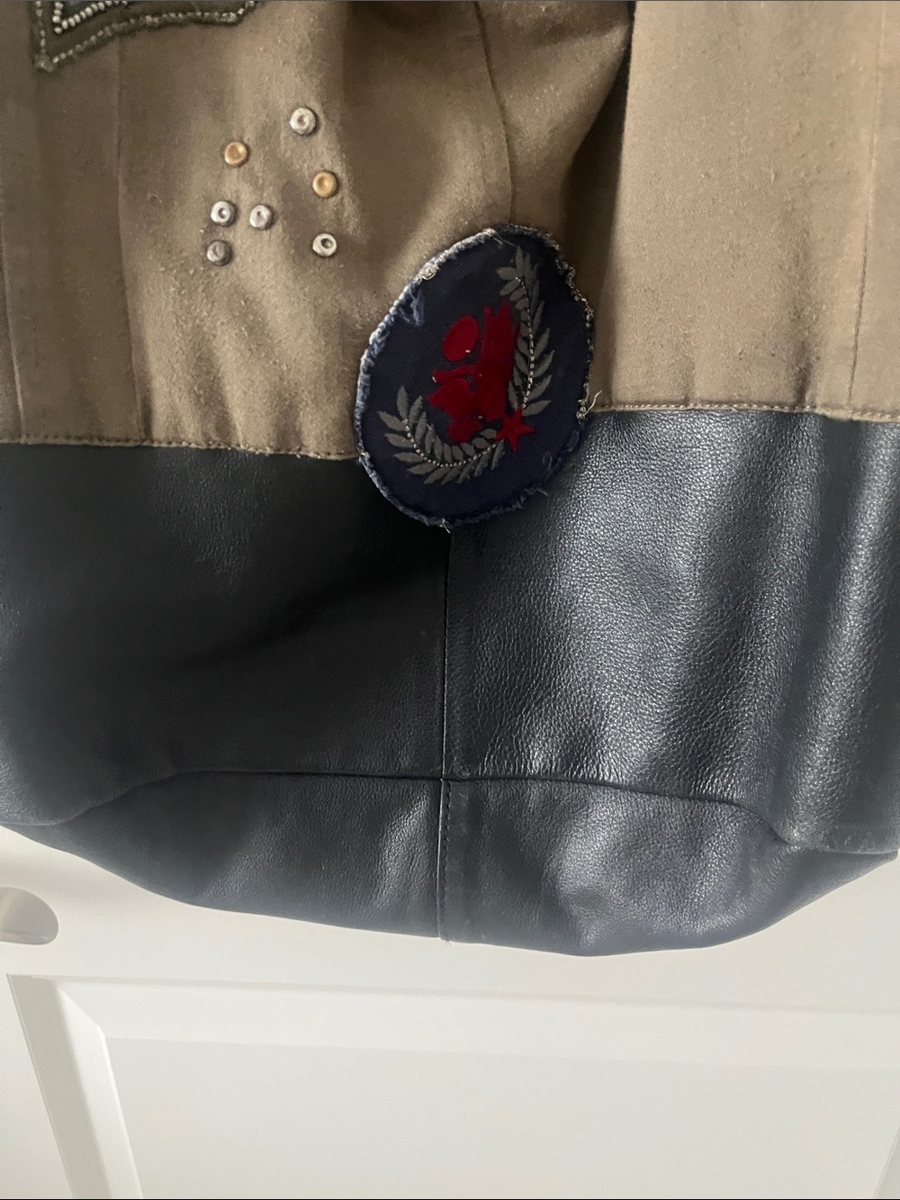 Free People Khaki and Black Patchwork Tote with Embroidered Patches - Picture 3 of 12